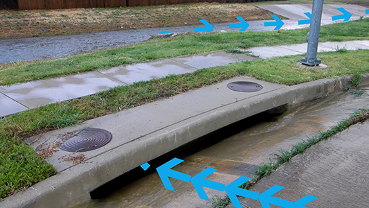 Stormwater flowing from street to stream